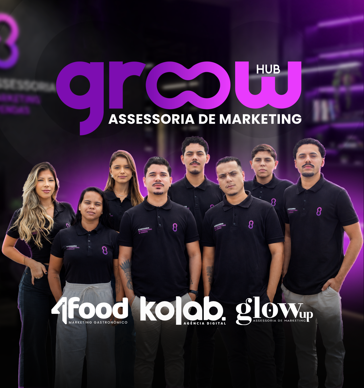 Equipe da Grow Hub reunida com as marcas 4Food, Kolab e Glow Up
